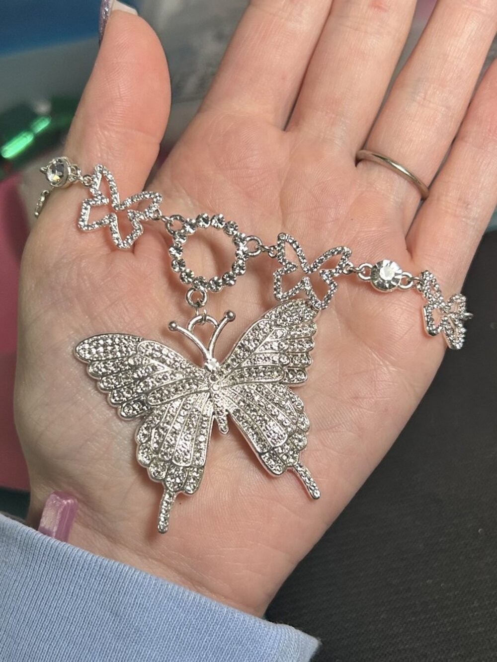 Silver Rhinestone Butterfly Statement Anklet / Ankle Bracelet